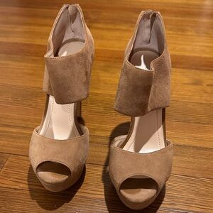 BCBGeneration Tan Suede Peep-Toe Heels